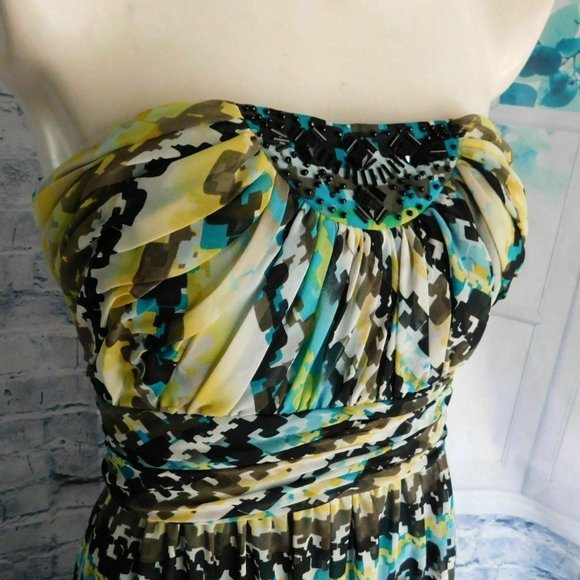 Max & Cleo Blue Yellow Multi Print Beaded Chiffon Strapless Maxi Gown Dress - 4 - Picture 5 of 9